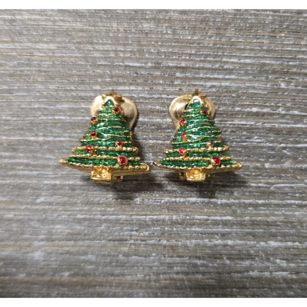 Christmas Tree Clip On Earrings Green Gold With Red Rhinestones Vintage
